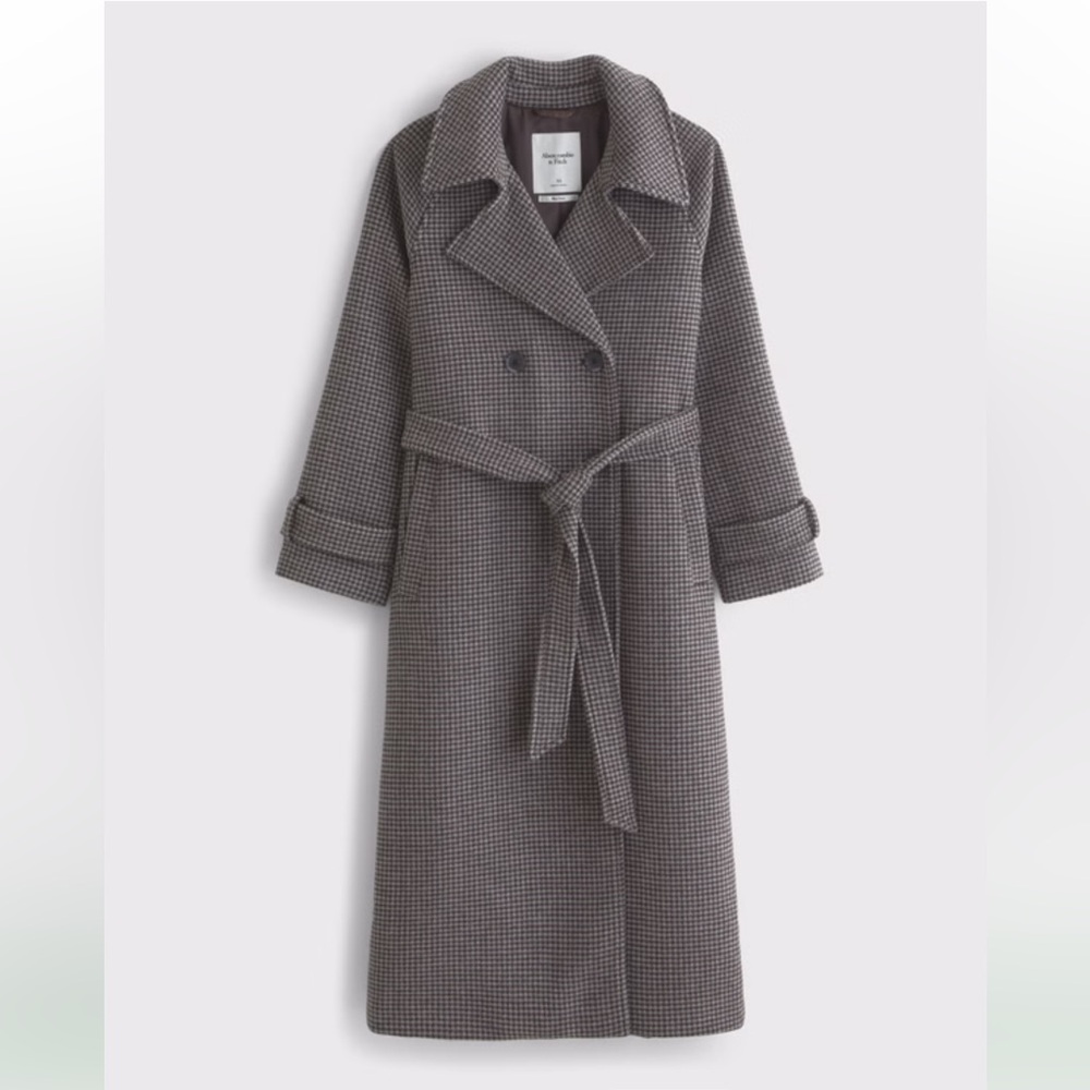 ABERCROMBIE & FITCH Carrie Wool Blend Trench Coat in Black Houndstooth NEW